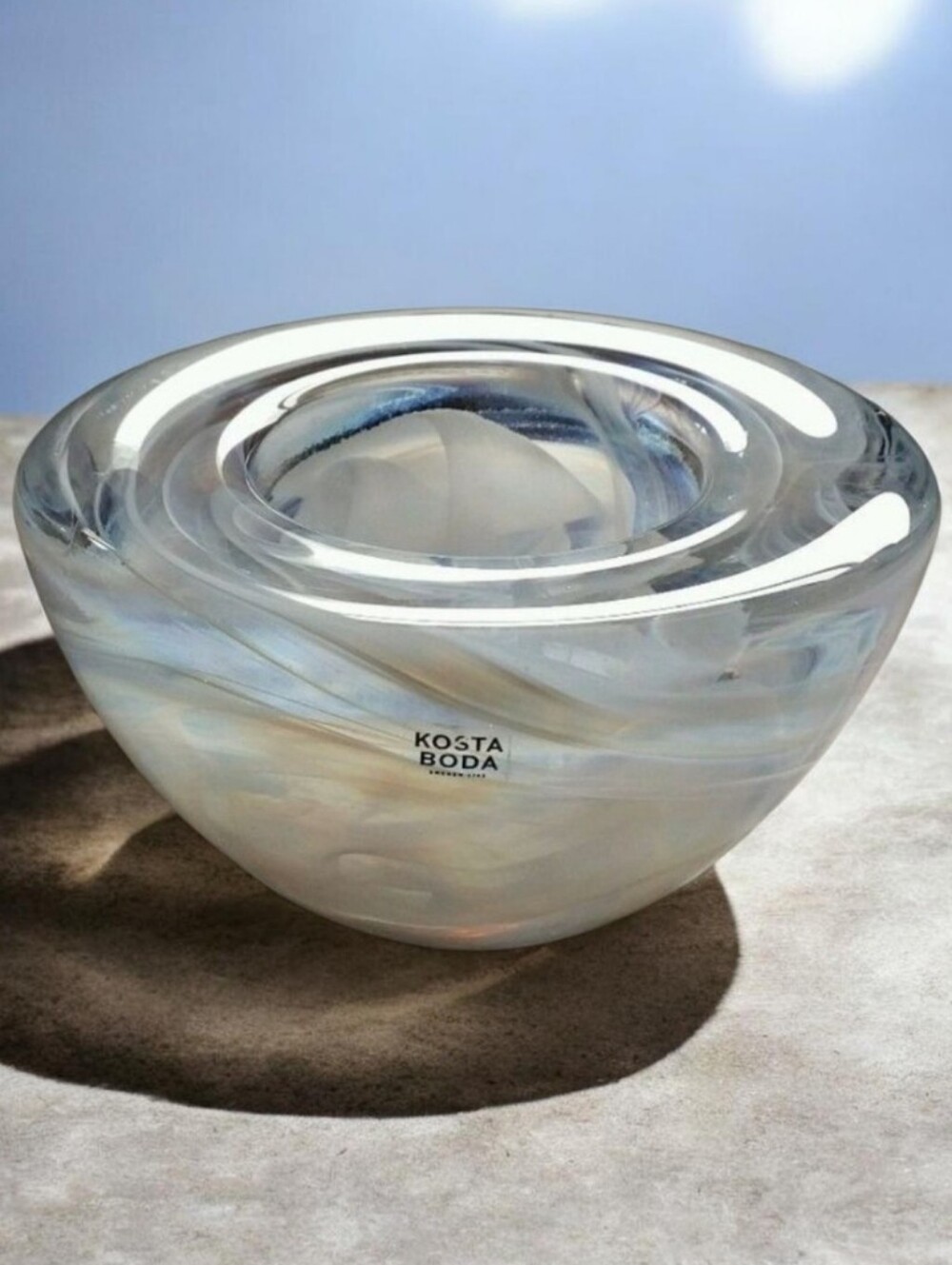 Kosta Boda Sweden Art Glas Bowl Paperweight Blue White Swirl Crystal Signed 4.5"